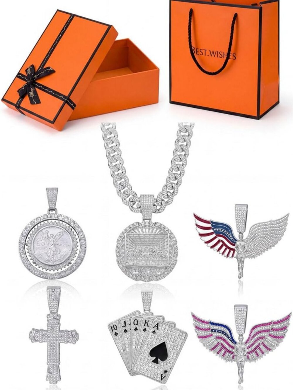 Men's 8-Piece Hip Hop Jewelry Set, Iced Out Cuban Link Chain & 6 Pendants